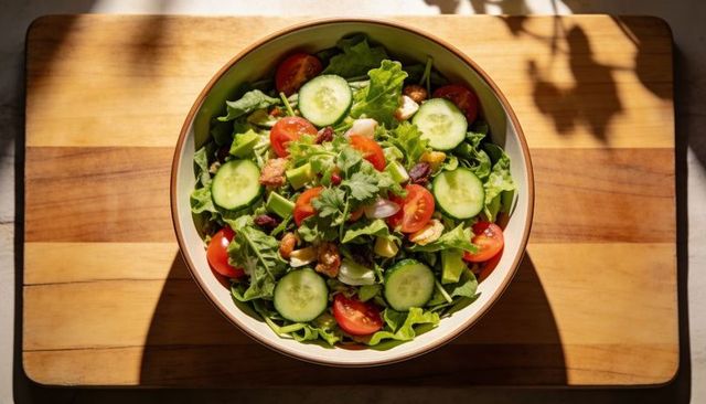 Sunlit fresh green salad with cucumber cherry tomatoes avocado and nuts on wooden board