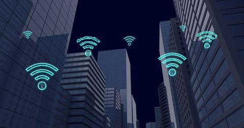 Digital wifi signals over city skyline for smart connectivity