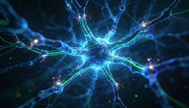 Glowing blue-green neuron transmitting electric signals through branching synapses