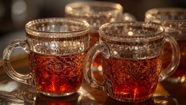 Shimmering ornate embossed crystal tea cups with amber tea and gilded rims