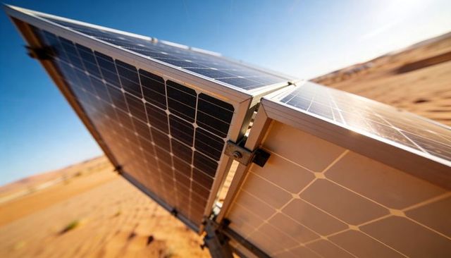 Tilting solar panels in desert showing cell grid with lens flare and diagonal lines