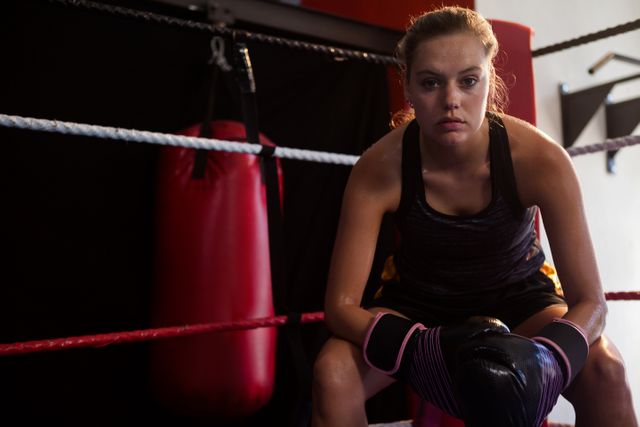 Portrait of confident woman sitting in boxing ring at fitness studio