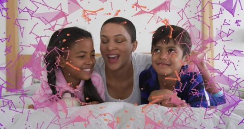 Mother singing and guiding children on bed in cozy bedroom with vibrant ar overlay