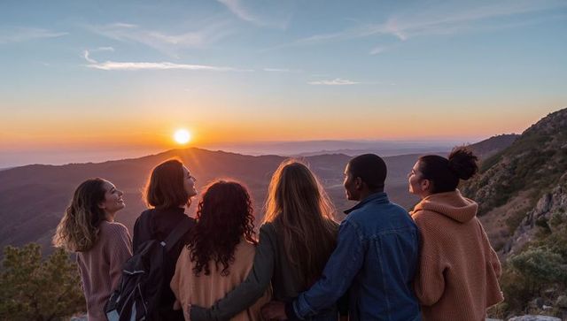 Friends Embracing at Mountain Overlook Watching Sunset Together, Hiking and Bonding