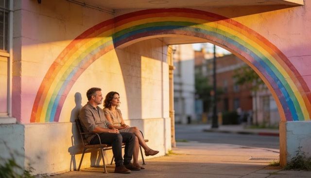 Couple sitting on bench beneath rainbow mural at golden hour, wearing casual shirt and floral dress