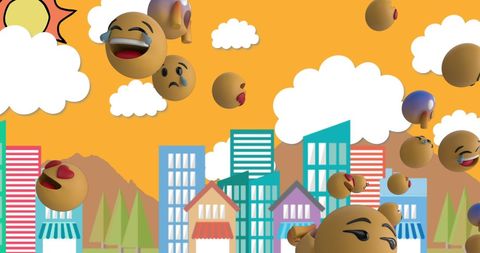 playful emojis hovering over colorful urban cityscape - Download Free Stock Images Pikwizard.com