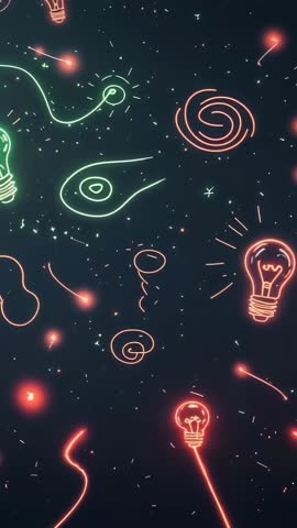 Vertical neon loop animating glowing bulbs and swirling shapes on navy-blue tech canvas