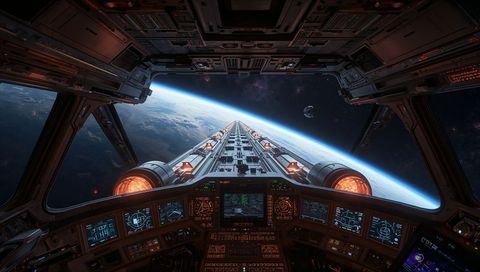Futuristic cockpit piloting toward planet horizon with glowing thrusters and forward truss