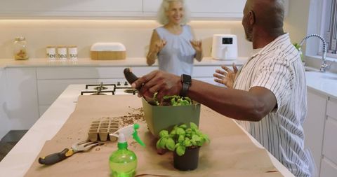 Senior Couple Enjoying Gardening Together in Modern Kitchen