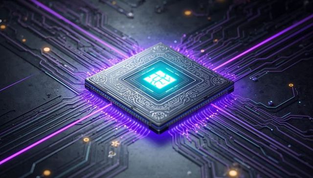 Futuristic neon microchip powering glowing cyan core with radiating purple circuit traces