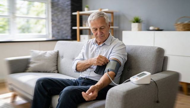 Senior man checking blood pressure on sofa at home with digital arm cuff monitor