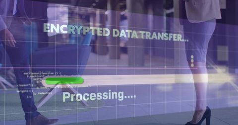 Corporate professionals with encrypted data transfer overlay and processing progress in atrium
