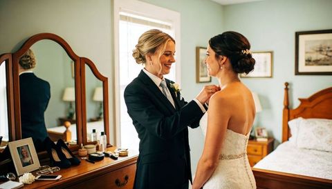 Bride getting ready while partner in suit fastening necklace and straightening dress