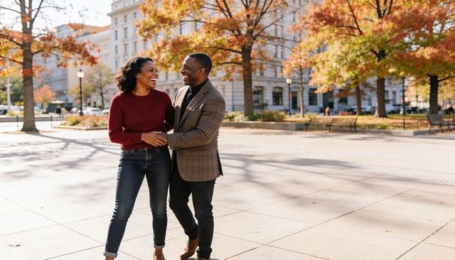 Black couple walking and laughing in sunlit autumn city plaza, holding hands, stylish
