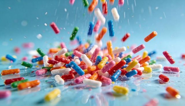 Falling colorful candy sprinkles cascading on glossy blue tabletop, macro studio splash
