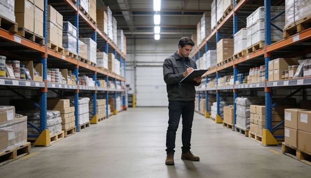 Warehouse worker conducting inventory check with clipboard in distribution center aisle
