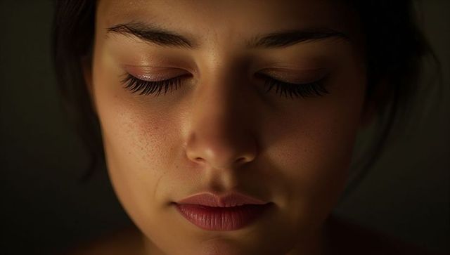 Tranquil closeup of young woman with closed eyes and textured skin in low-key lighting