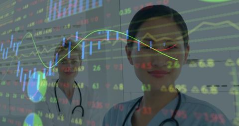 Nurses analyzing financial and clinical data overlay with candlestick charts and graphs