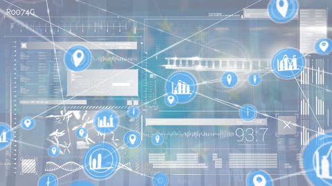 Digital Network Interface with Data Icons and Connections