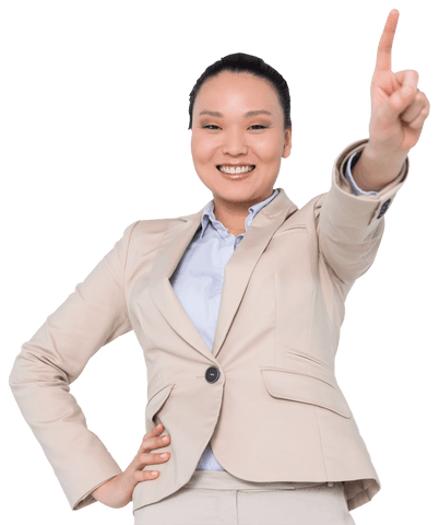 Smiling Asian Businesswoman Pointing Upward on Transparent Background