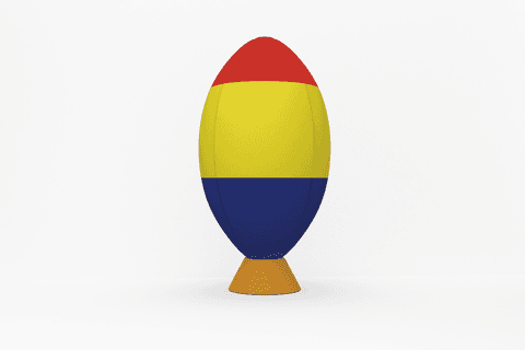 Transparent romania flag rugby ball on stand with minimalistic background