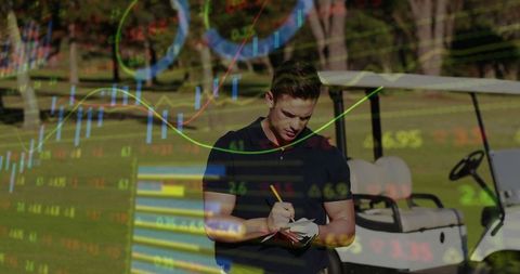 Golfer analyzing scores with overlaying stock market data graphs