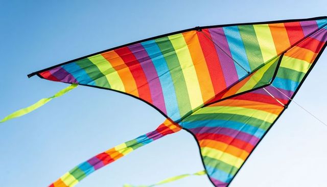 Vibrant rainbow delta kite soaring over clear blue sky with flowing tails and texture