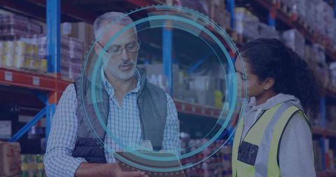 Warehouse Workers Analyzing Logistics with Digital Security Concept