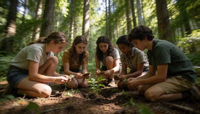 Teenagers planting sapling in conifer forest teamwork and outdoor conservation education
