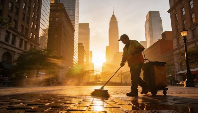 Street cleaner sweeping urban plaza at sunrise, silhouette with golden cobblestone reflections