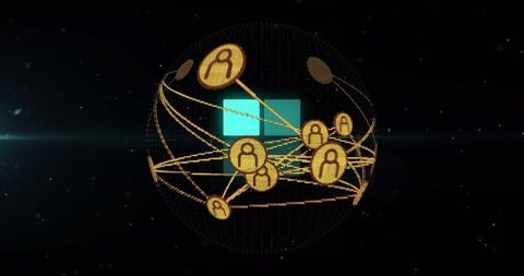 Floating wireframe sphere connecting golden avatar tokens with teal nodes network