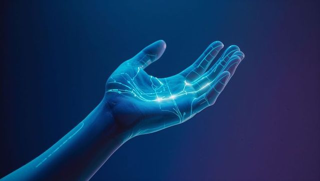 Hand Receiving Bioluminescent Light Trails in Dark Blue Atmosphere