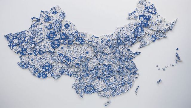 Mosaic map of china with blue and white ceramic tiles