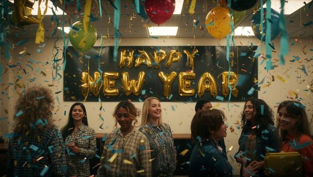 Cheerful office new year celebration with balloons and colleagues