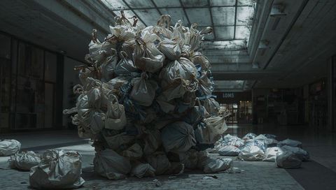 Monumental sphere of tied white bags filling abandoned mall under grimy skylight