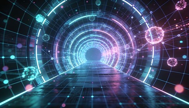 Neon digital tunnel guiding gaze into glowing concentric rings and futuristic grid corridor
