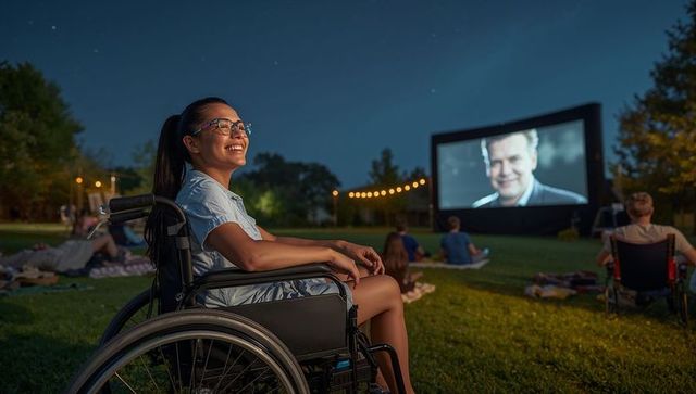 Smiling asian woman in wheelchair at outdoor movie night with large screen and string lights