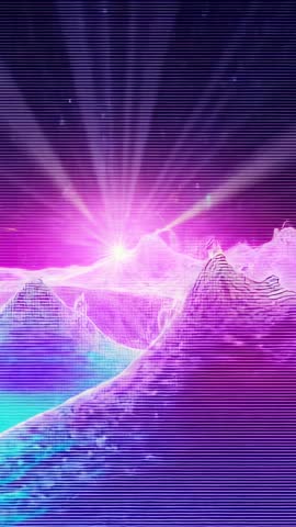 Vertical neon sunrise casting radiant beams over wireframe ridges and rippling cyan valley