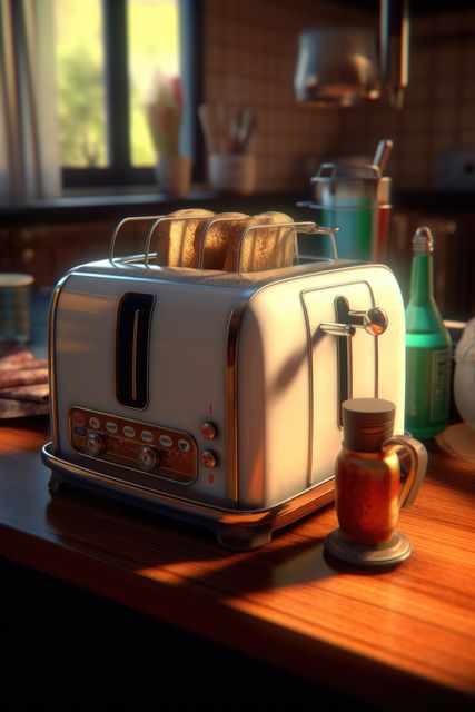 Retro toaster with toasts on wooden surface in kitchen, created using generative ai technology. Toaster, food preparation and kitchen appliances concept digitally generated image.