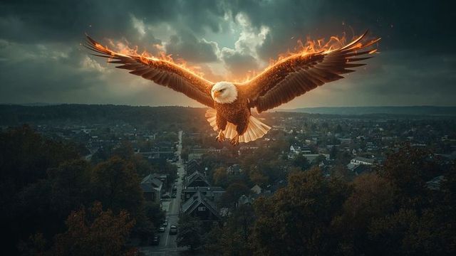 Majestic Bald Eagle with Flaming Wings Above Suburban Landscape