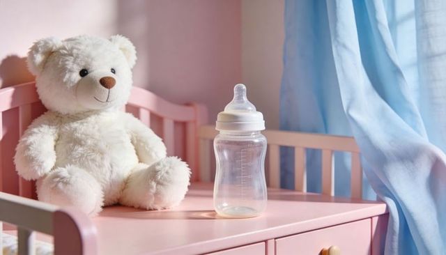 White teddy bear and clear baby bottle on pink nursery dresser with soft blue curtain