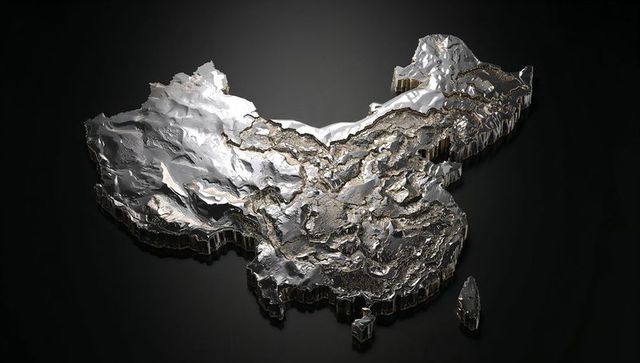 Metallic Relief Sculpture of Chinese Topography on Dark Background