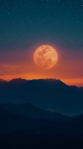 Full Moon Rising Over Mountain Ridge at Twilight | Vertical Cinematic Nighttime Video