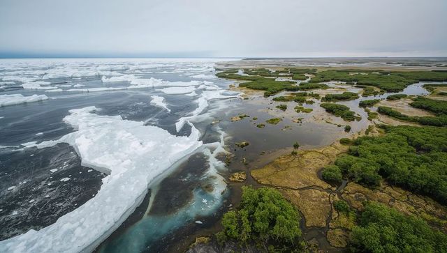 Aerial view melting sea ice and verdant marshland meeting