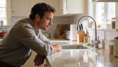 Man leaning on marble countertop gazing thoughtfully toward stainless kitchen sink