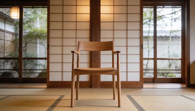 Minimalist Wooden Armchair Centered on Tatami in Japanese Washitsu with Shoji and Garden
