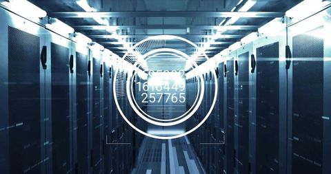 Futuristic Digital Overlay in Server Data Center Corridor