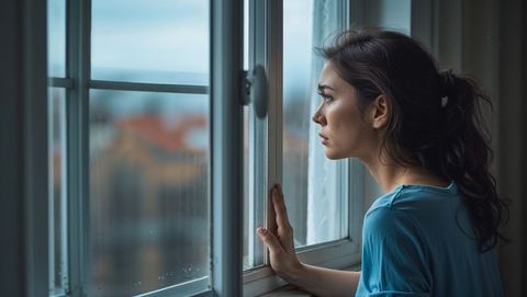 Woman in Blue Shirt Gazing Pensively Out Rainy Window