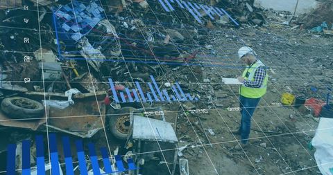 Industrial inspector analyzing data on scrapyard with tablet