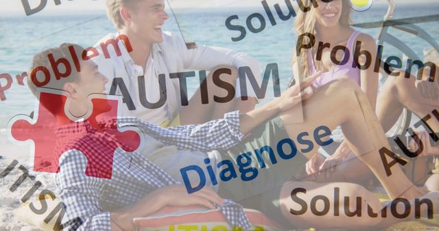 Group of young adults enjoying a beach day overlaid with autism awareness-related words such as problem, diagnose, and solution. Useful for illustrating autism awareness initiatives, community support, mental health education, and summer recreation.